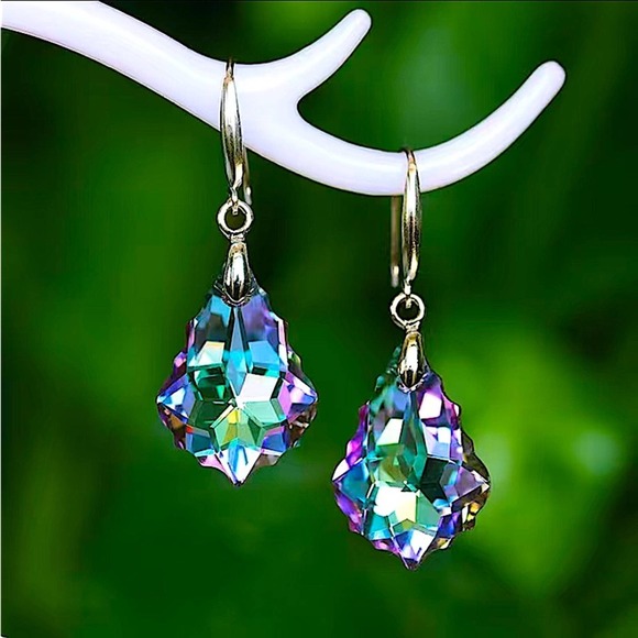 Austrian Crystal Silver Drop Dangle Colorful Baroque Leaf Earrings - Picture 2 of 3